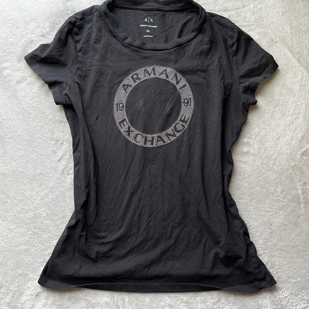 Armani Exchange Black Fitted Short Sleeve Tee With Rhinestone Embroidery